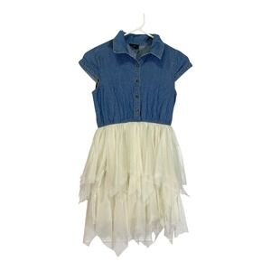 Lilt 14 Blue Denim Tulle Dress Tiered Skirt Cottagecore Mesh‎ Fairy Bohemian